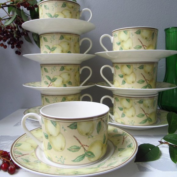 Fine Porcelain Set 8 mugs & 8 Saucers Apple Orchard by Stokes Casual MagnaStrong - Picture 1 of 16
